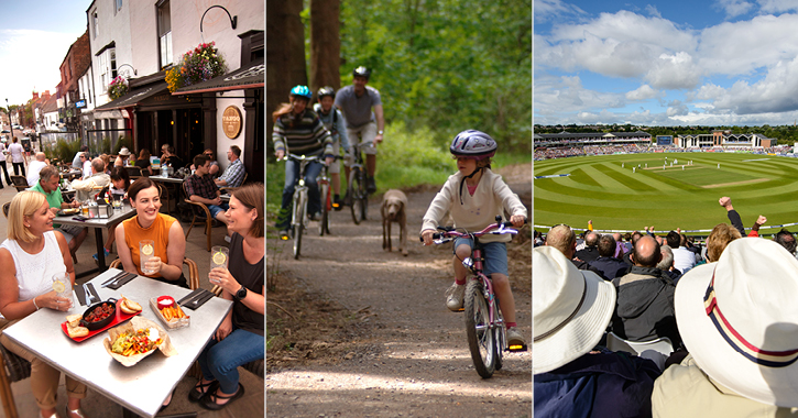 left to right - friends eating at Tango restaurant, family bike ride and crowds watching cricket at Riverside stadium. 